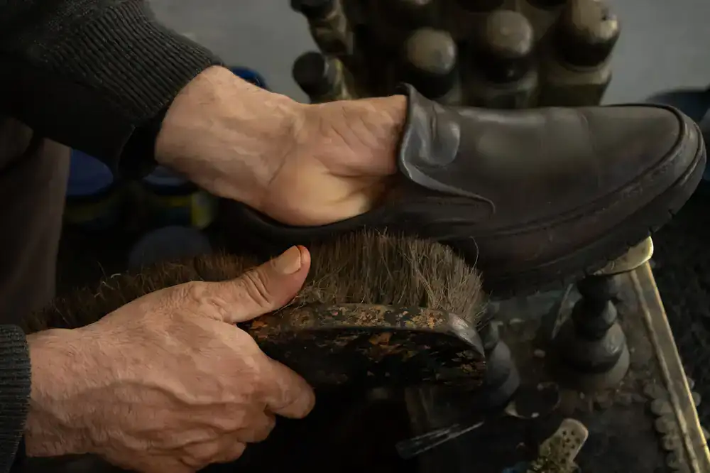 Shoe polishing process with wax and a brush