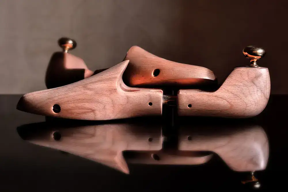 Wooden shoe stretcher inside a leather shoe